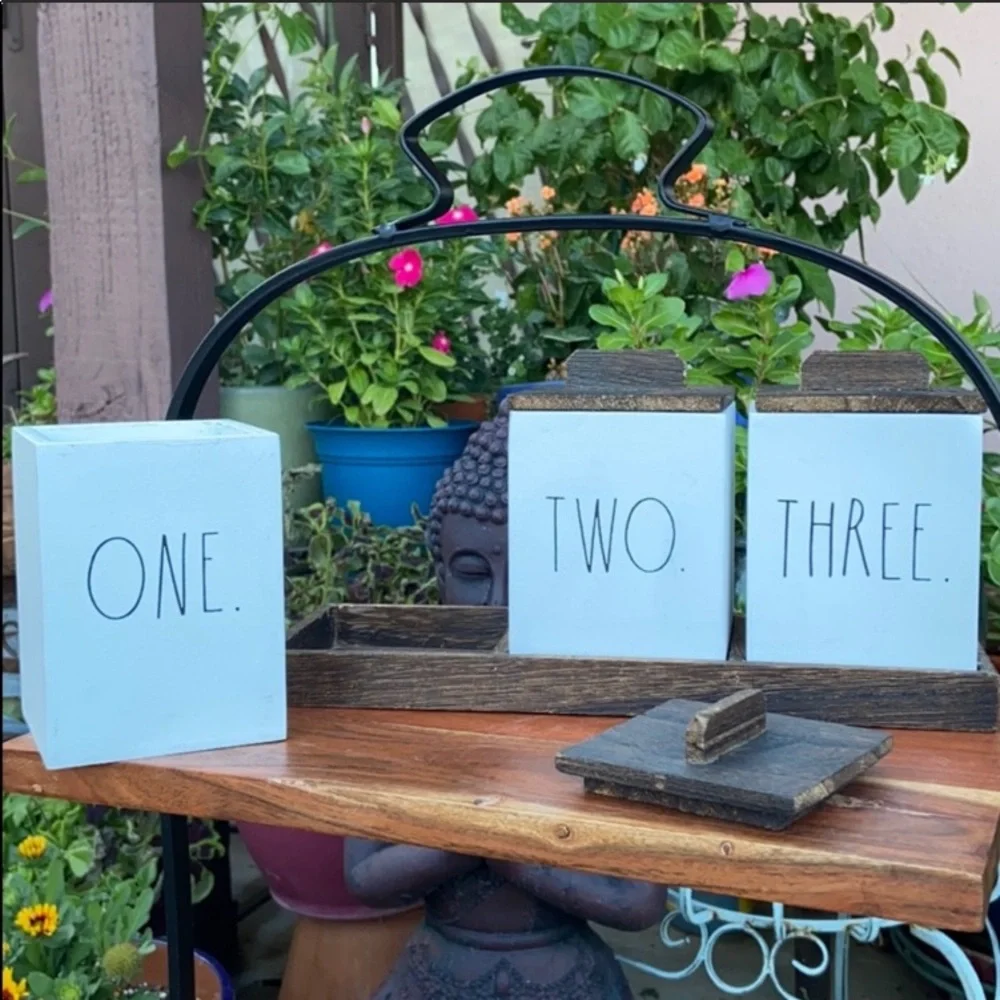 NEW Rae Dunn “ONE. TWO. THREE” 3 Piece Wooden Box Canister Set w/ Tray